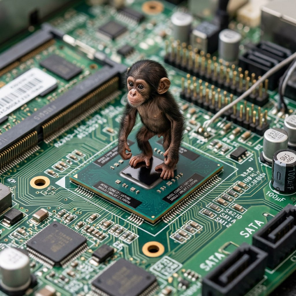 A tiny baby chimp standing on a processor in a motherboard